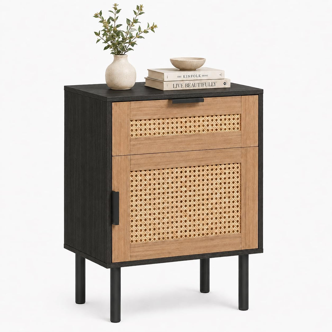 GIANTEX Rattan Nightstand with Drawer &amp; Cabinet, End Table
