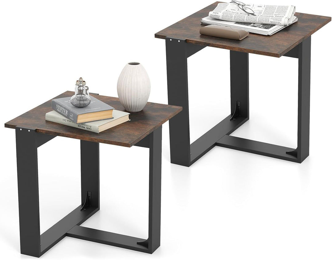 Giantex Rustic Brown Square Industrial Side Table w/T-Shape Metal Frame