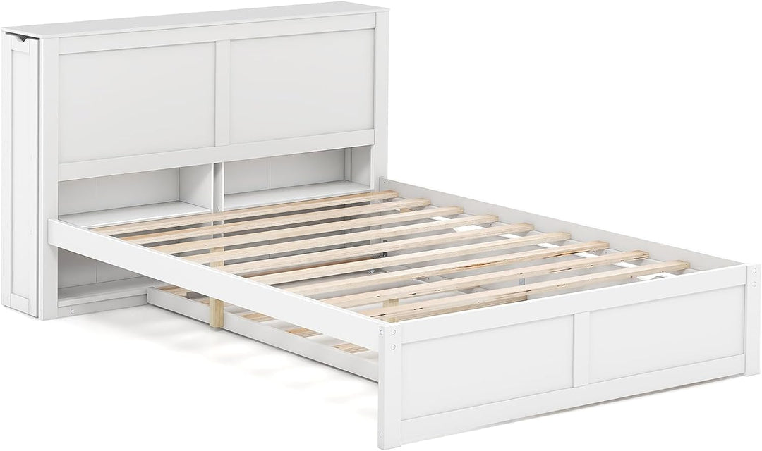 Giantex Full Bed Frame with Twin Trundle, Wooden Bed Wooden Bed Frame with 2 Rolling Bookcases & High Headboard