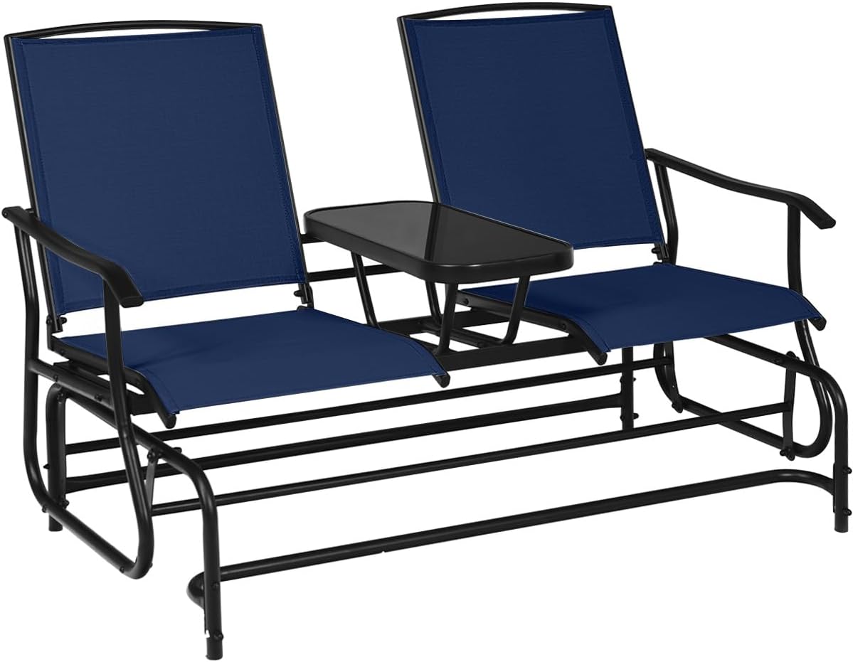 Giantex 2 Person Outdoor Double Glider Chair, Mesh Fabric Rocking Chair w/Center Tempered Glass Table