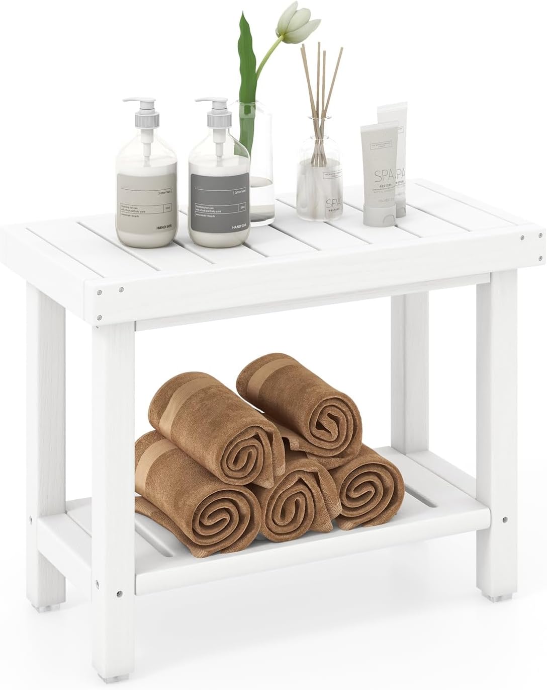 Giantex Shower Bench Stool Waterproof - HDPE Shower Seat with Storage Shelf for Shaving Legs