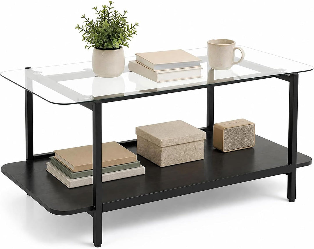 GIANTEX 37.5" Glass Coffee Table 2-Tier Center Table with Storage