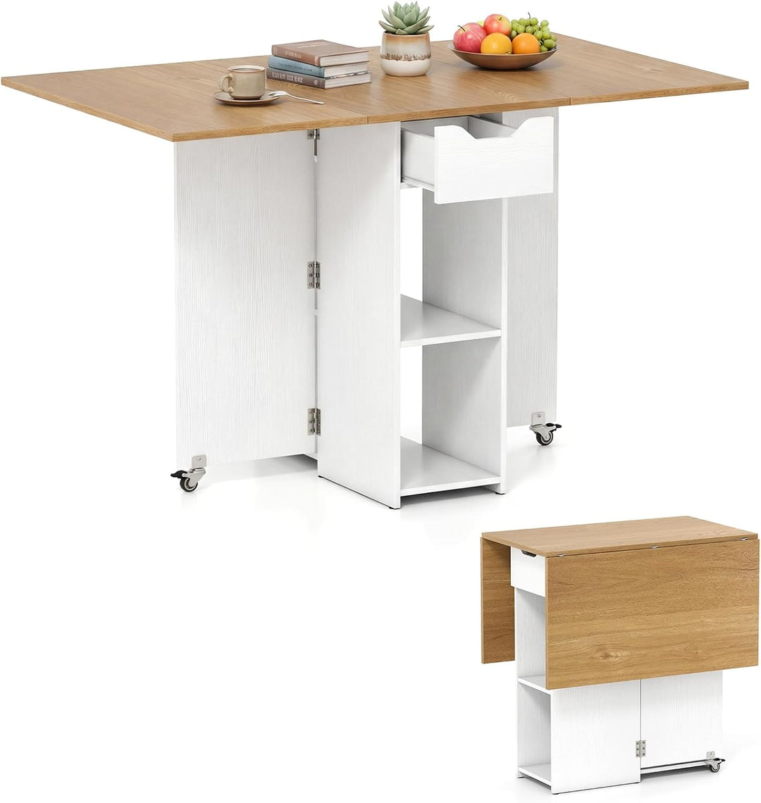 Giantex 47.5" Folding Dining Table | Drop Leaf Wooden Dinner Table with 2-Tier Storage Shelf and Drawer