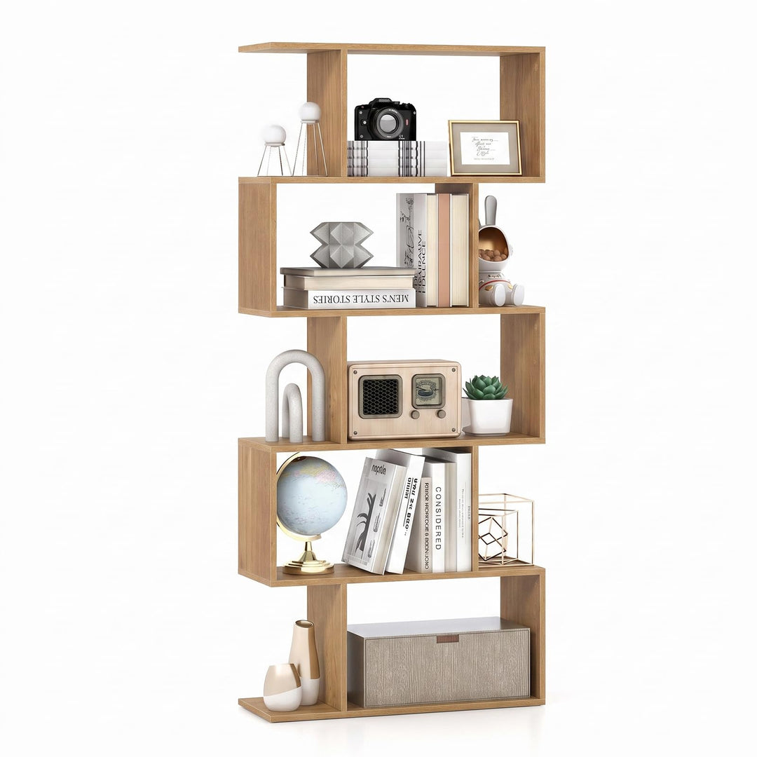 Giantex 5-Tier Geometric Bookshelf, 62.5" Tall Wood S-Shaped Bookcase with Anti-Tipping Device