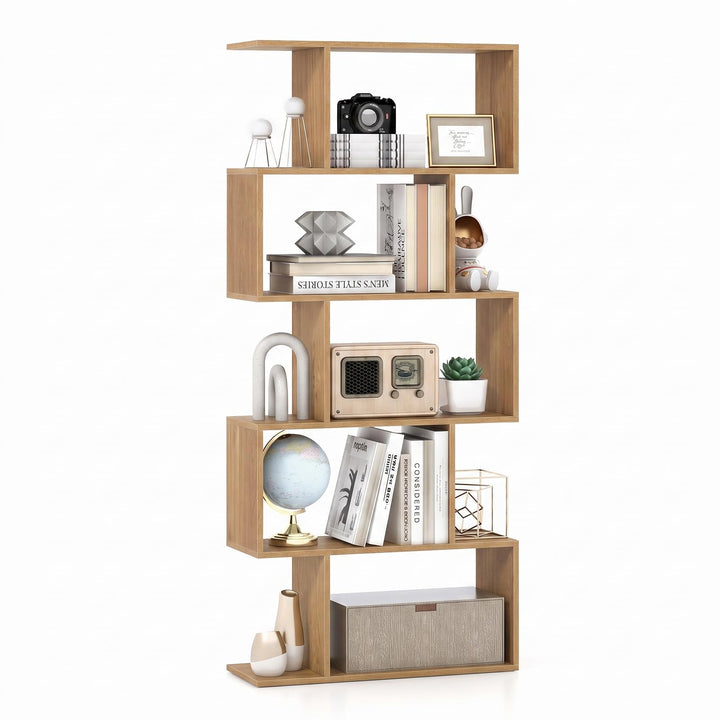 Giantex 5-Tier Geometric Bookshelf, 62.5" Tall Wood S-Shaped Bookcase with Anti-Tipping Device
