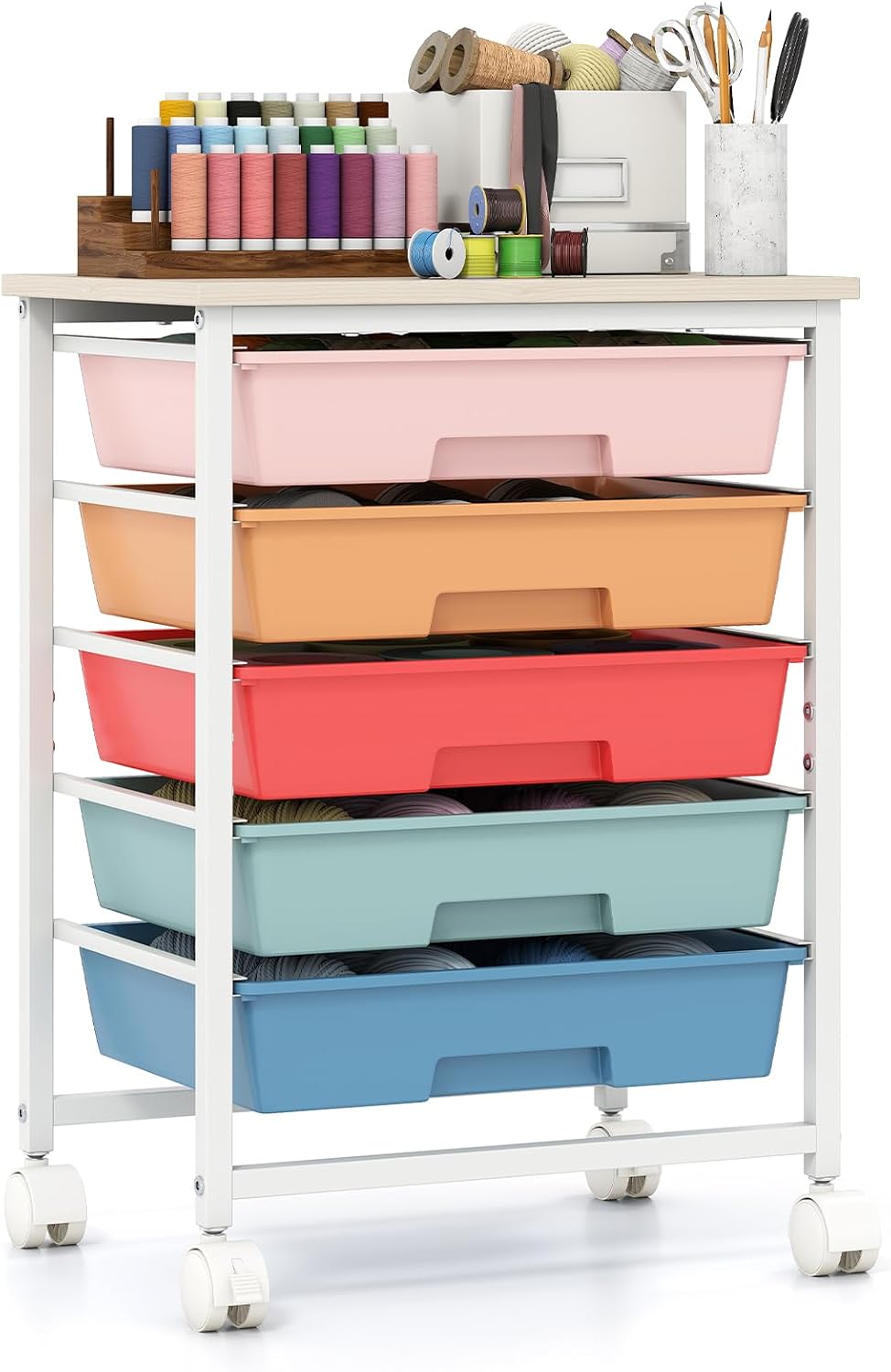 Giantex 5 Drawers Rolling Cart with Wheels, Wood Top, Sturdy Frame