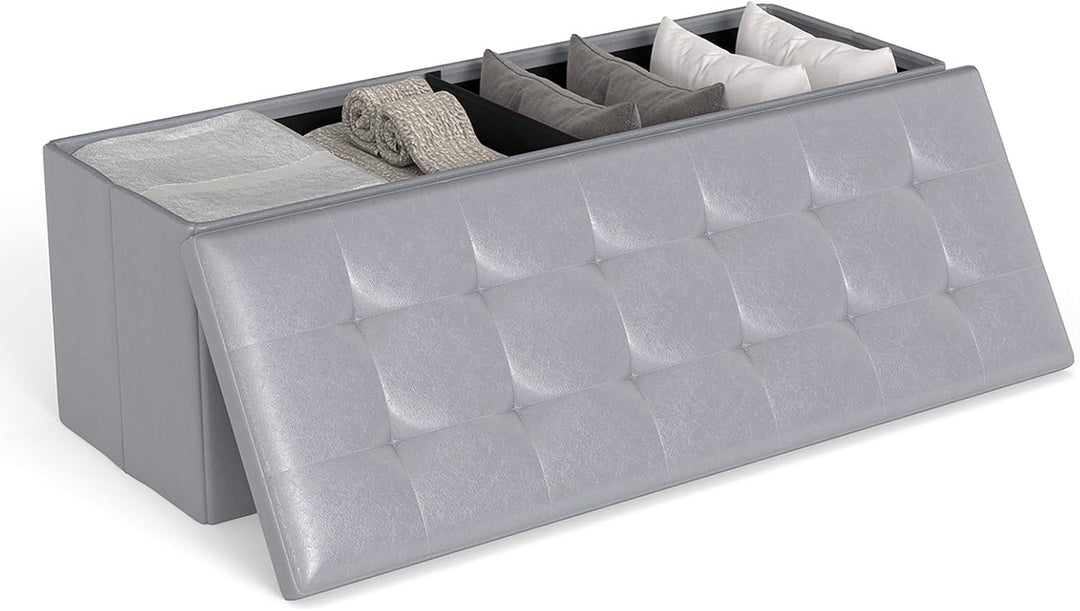 Giantex 43 Inches Folding Storage Ottoman Bench Upholstered PU Leather Storage Chest with Side Pocket
