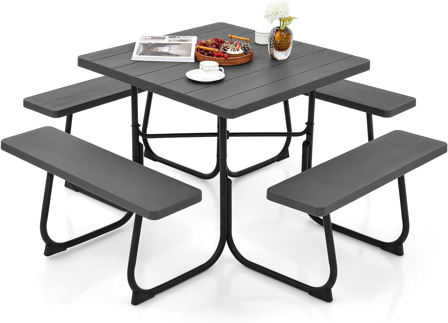 Giantex Picnic Table Set for 4-8 Persons, Outdoor Table and Bench Set with Umbrella Hole, HDPE Top & Metal Frame