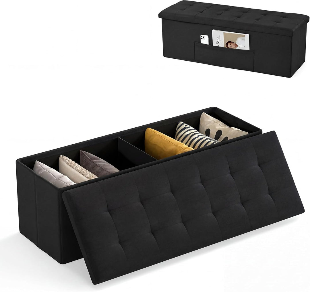 Giantex 43 Inches Folding Storage Ottoman Bench Upholstered Storage Chest with Side Pocket