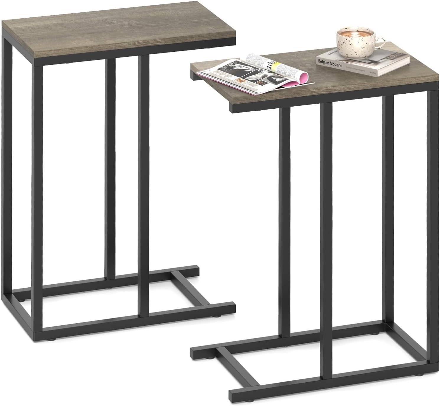 Giantex C Shaped End Table, Small Side Table for Sofa, Couch Table That Slide Under with Metal Frame