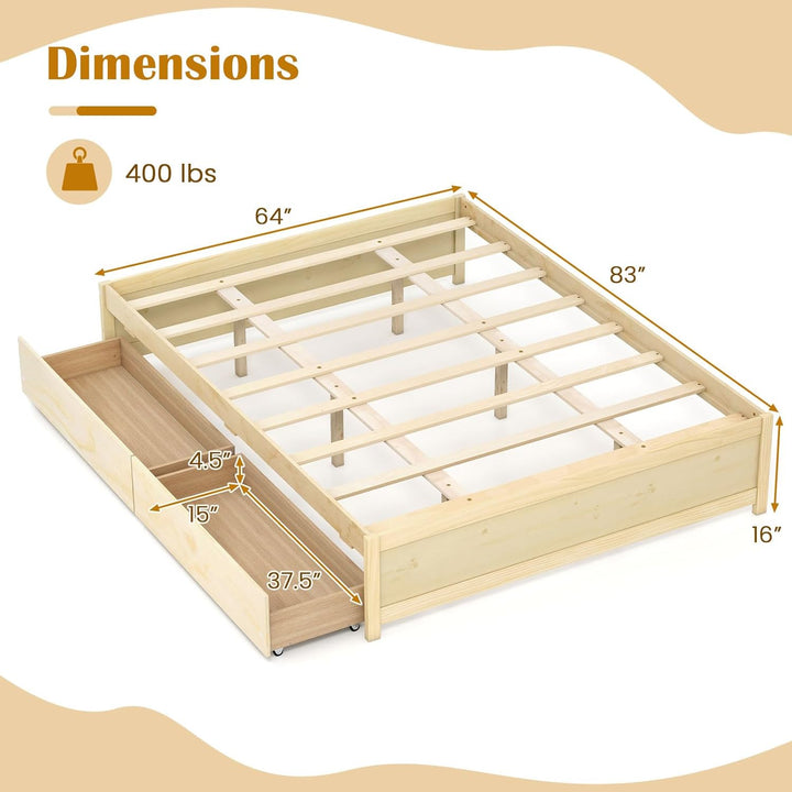 Giantex Bed Frame with 2 Storage Drawers, Solid Wood Platform Bed with Slats Support
