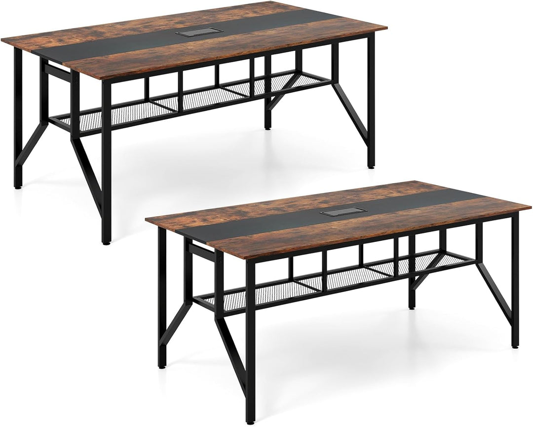 Giantex Rectangular Meeting Table with Mesh Storage Shelf and Cable Grommet