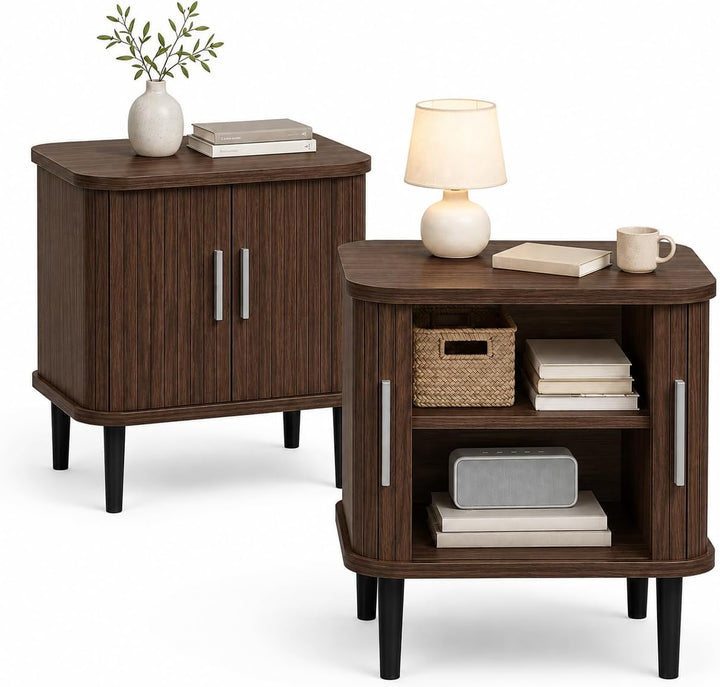 GIANTEX Fluted Nightstand with Sliding Doors &amp; Adjustable Shelf