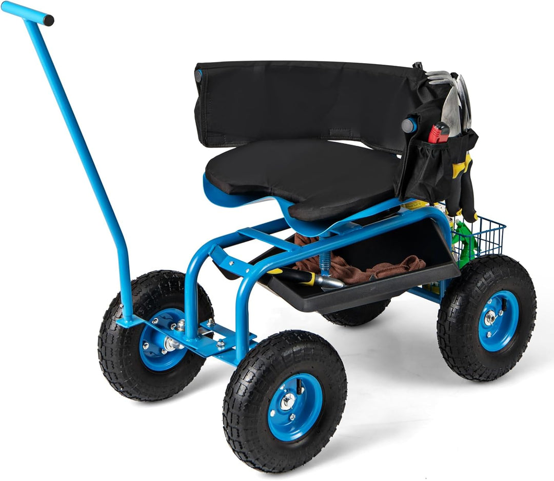 Giantex Garden Cart, Rolling Workseat with 4 Wheels, Tool Tray, Removable Cushion, Storage Basket