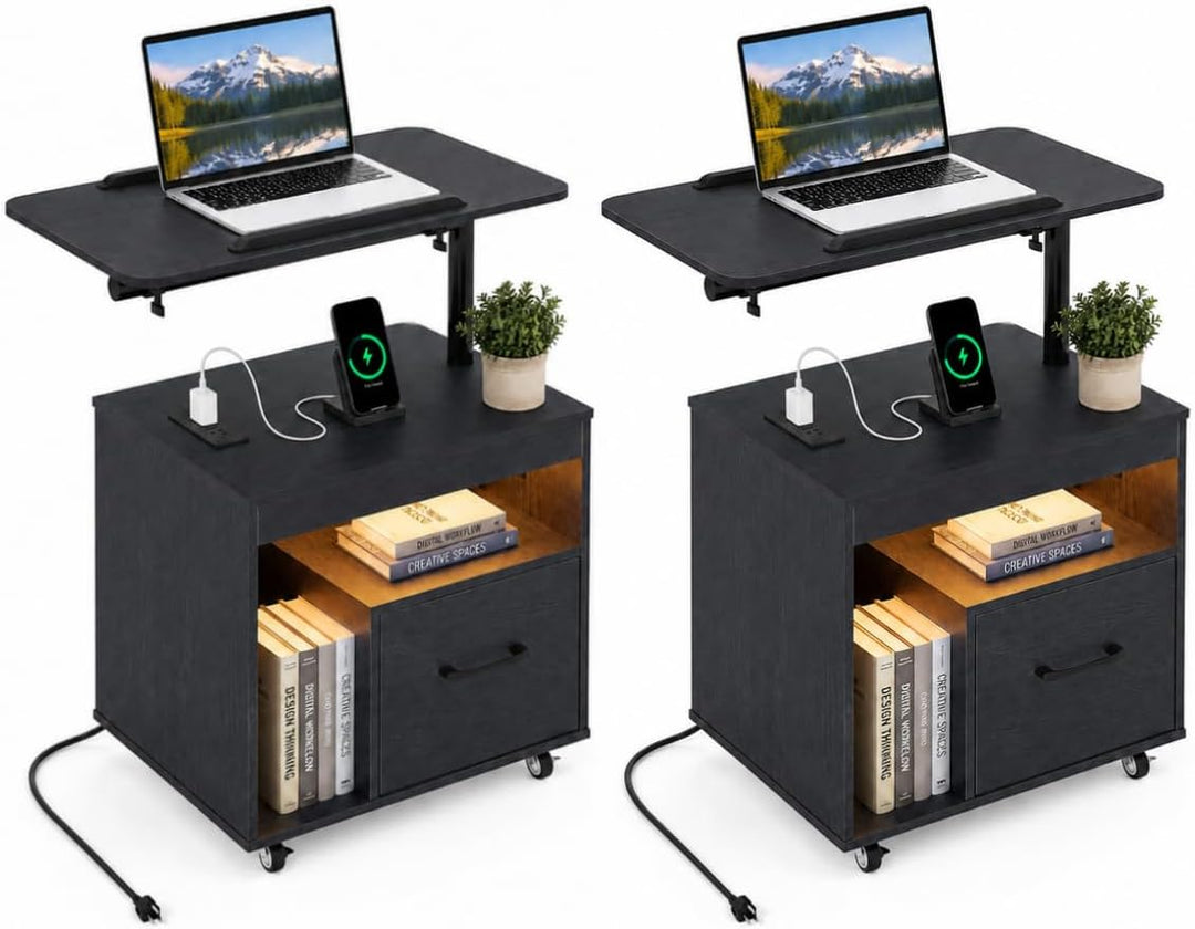 GIANTEX LED Nightstand with Charging Station, Rolling Bedside Table