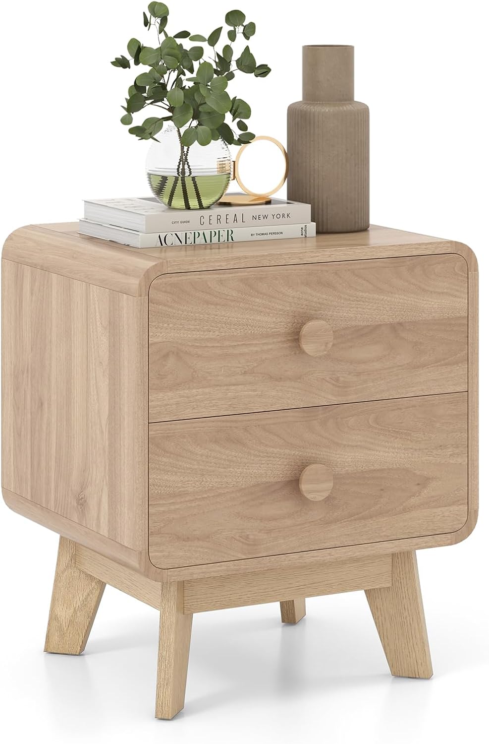 Giantex Night Stand with 2 Drawers, Mid Century Modern Bedside Table with Cute Round Knobs
