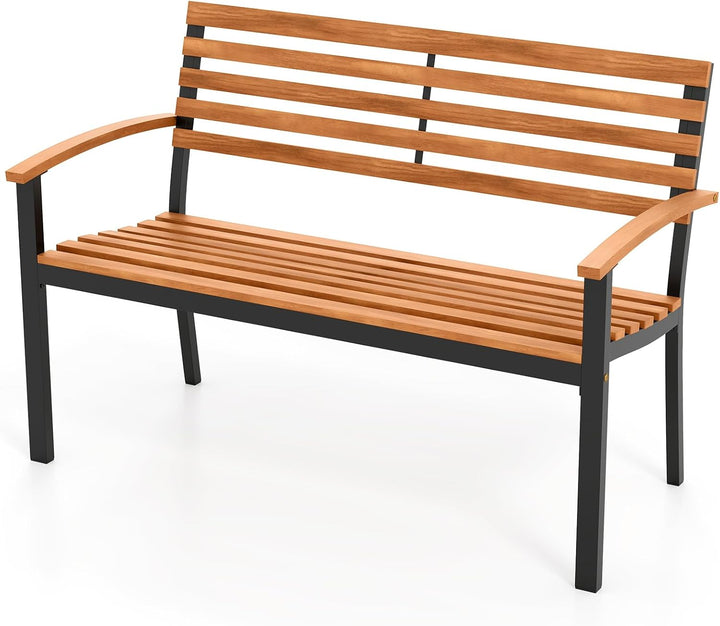 Outdoor Bench, Acacia Wood Patio Loveseat with Slatted Backrest & Seat, Armrests