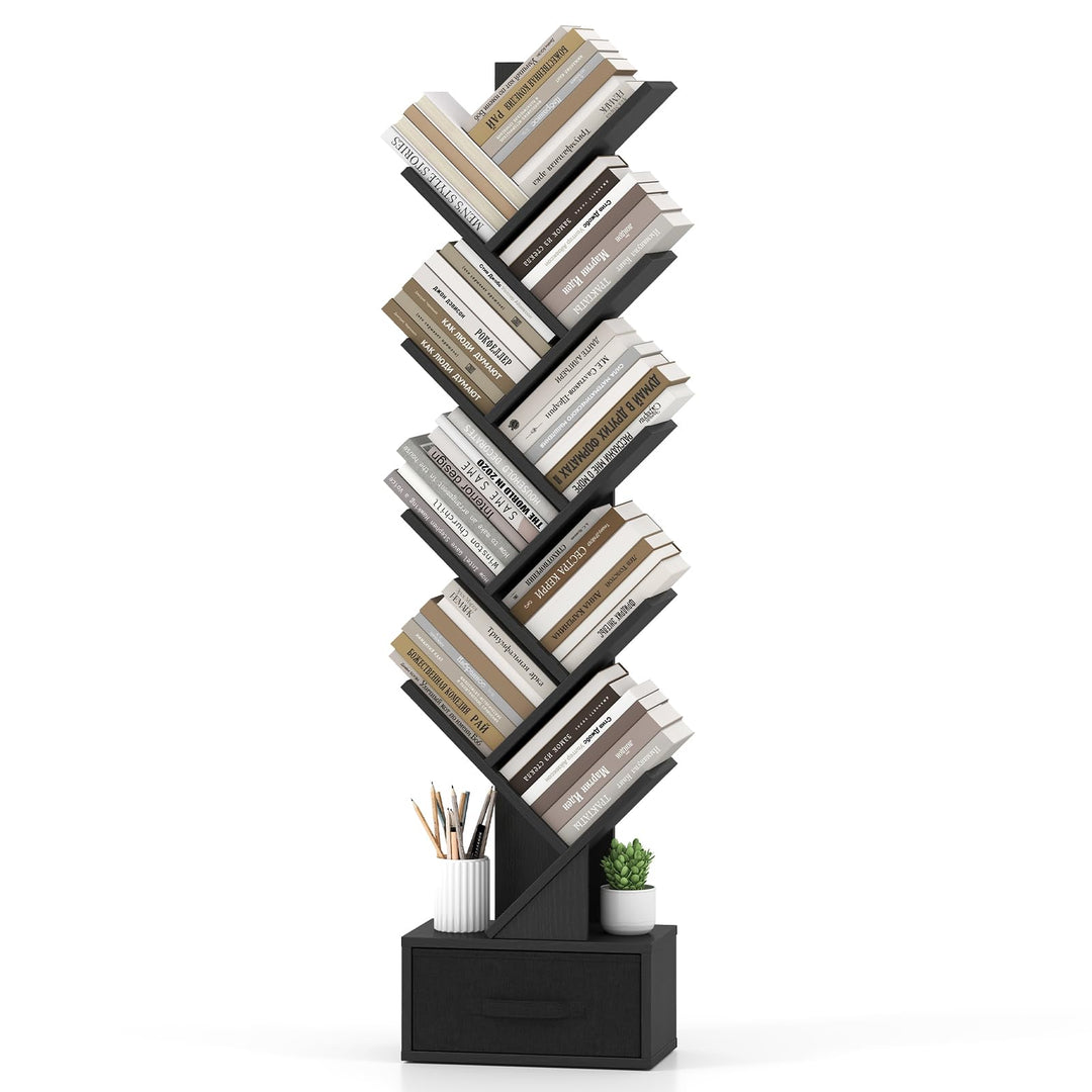 GIANTEX 9-Tier Tree Bookshelf | Tall Small Bookcase with Drawer