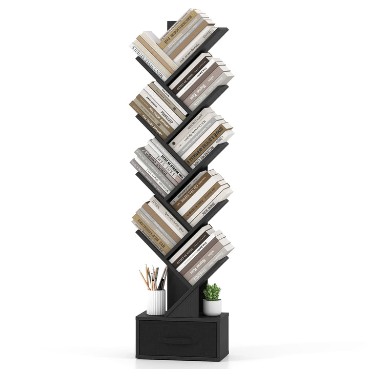 GIANTEX 9-Tier Tree Bookshelf | Tall Small Bookcase with Drawer