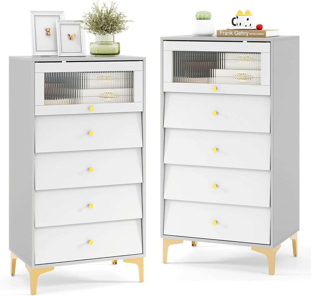 Giantex 4-Drawer Dresser with Flip Up Fluted Glass Door