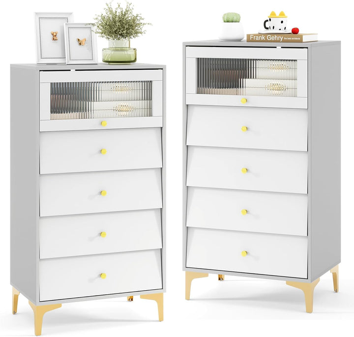 Giantex 4-Drawer Dresser with Flip Up Fluted Glass Door