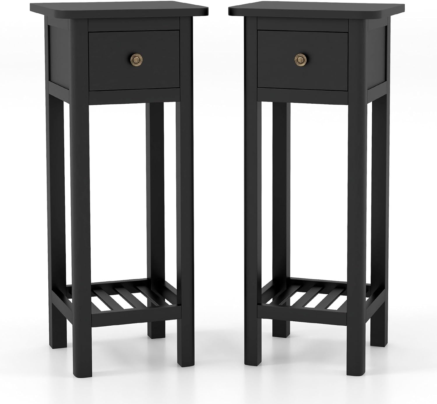 Giantex Narrow End Table with Drawer, Tall Acacia Wood Side Table with Bottom Shelf, Modern Bedside Tables