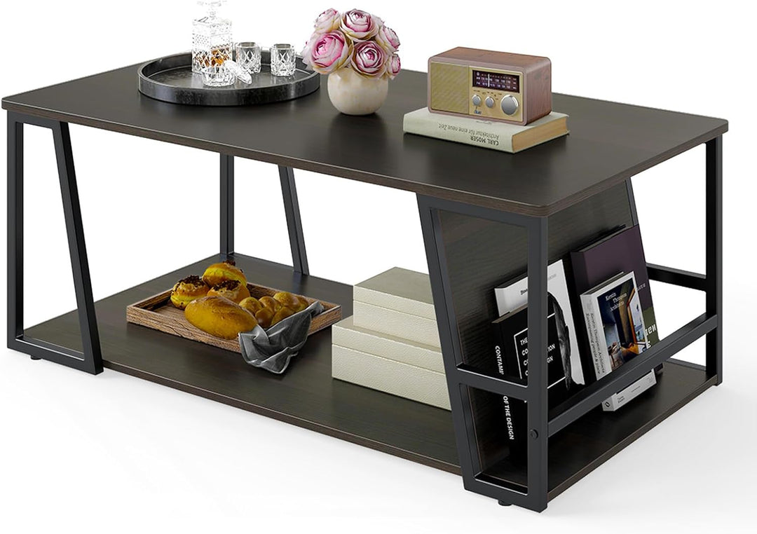 Giantex Rectangle Coffee Table 2-tier Industrial Accent Table with Storage Shelf and Compartment