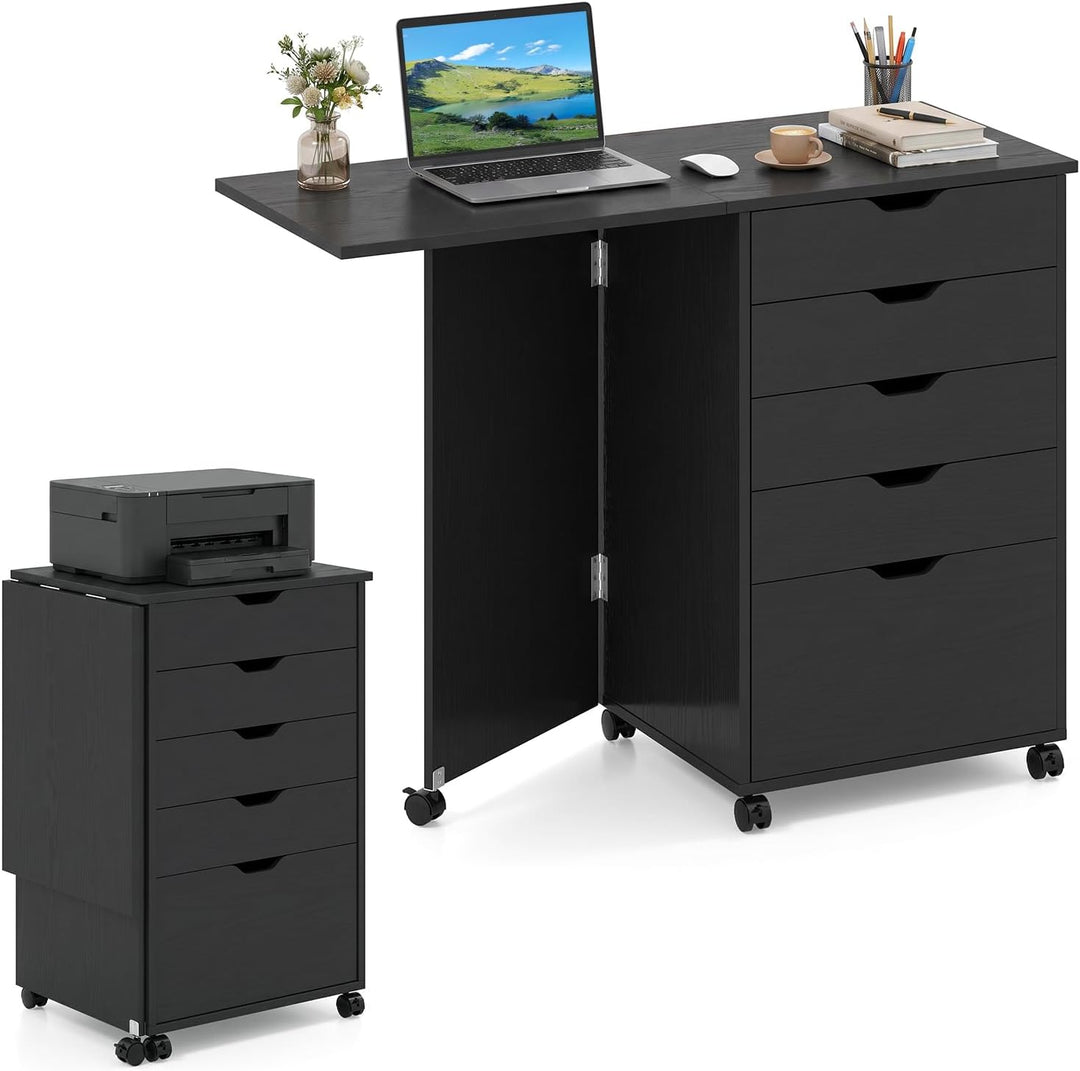 GIANTEX 5-Drawer Wood Drawer Cabinet Folding Desk with Wheels
