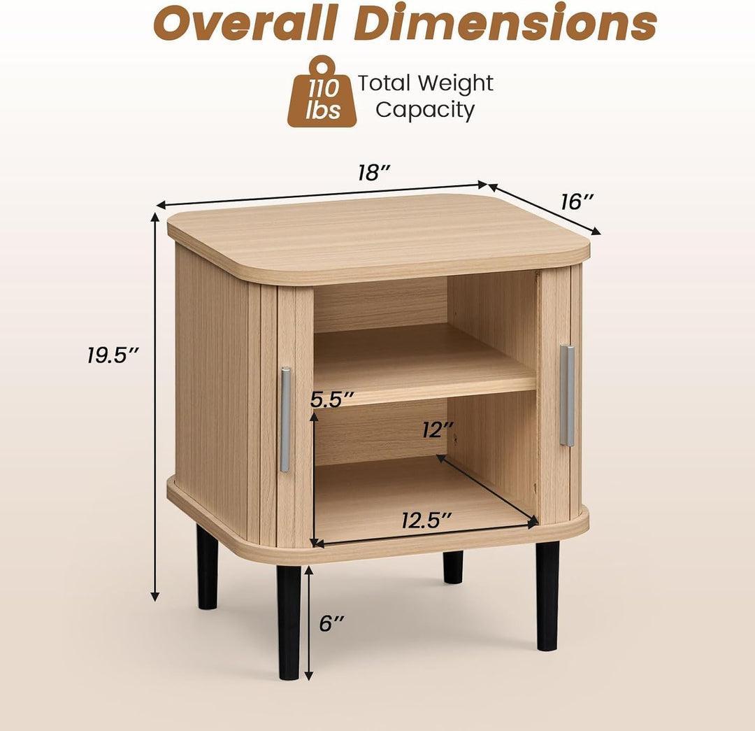 GIANTEX Fluted Nightstand with Sliding Doors &amp; Adjustable Shelf