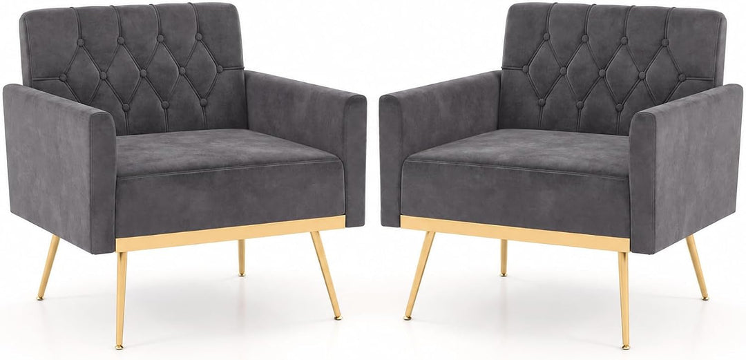 Giantex Modern Velvet Accent Chair Set of 1/2, Mid-Century Upholstered Single Sofa Chair w/Button Tufted Back