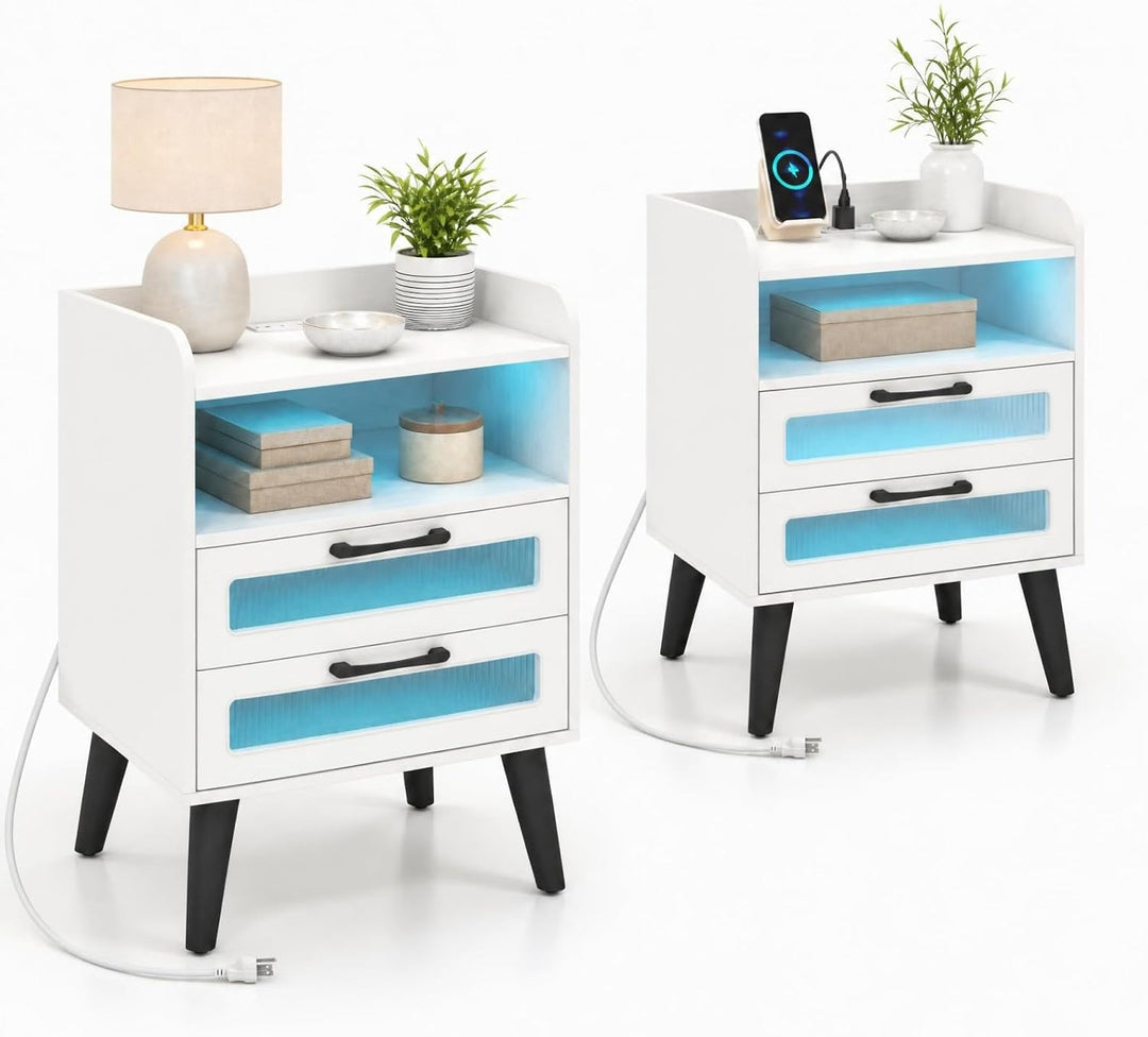 GIANTEX Fluted Nightstand with Charging Station &amp; LED Lights