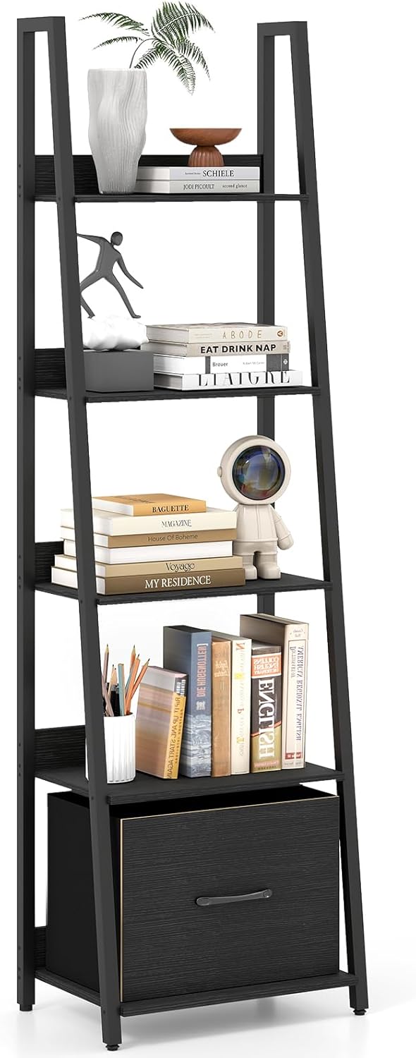 Giantex 5-Tier Industrial Ladder Bookshelf with Removable Fabric Drawer (1/2)
