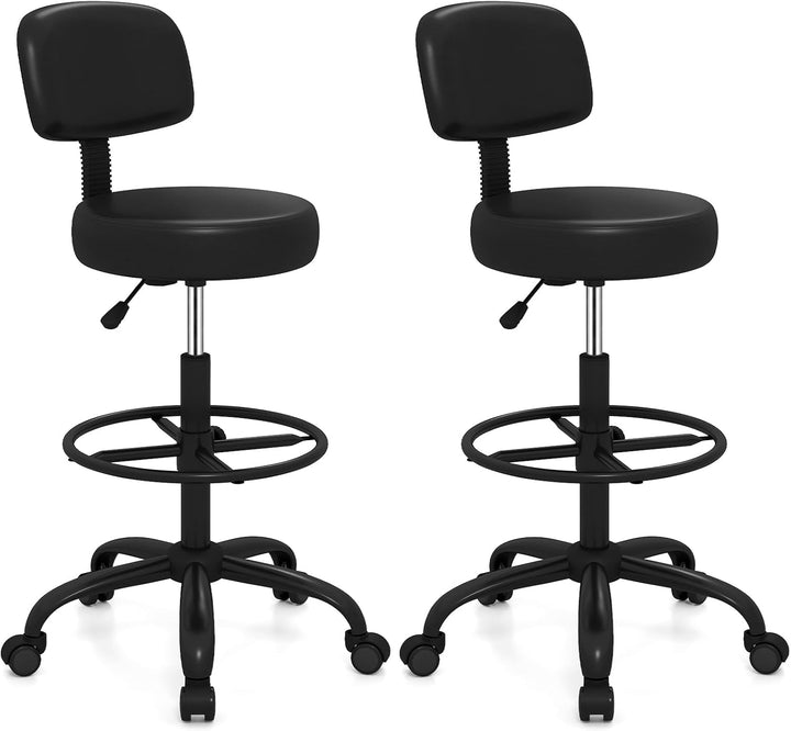 GIANTEX Drafting Chair with Back, Adjustable Foot Rolling Stool with Wheels | PVC Leather Tall Office Chair w/ Thickened Cushion