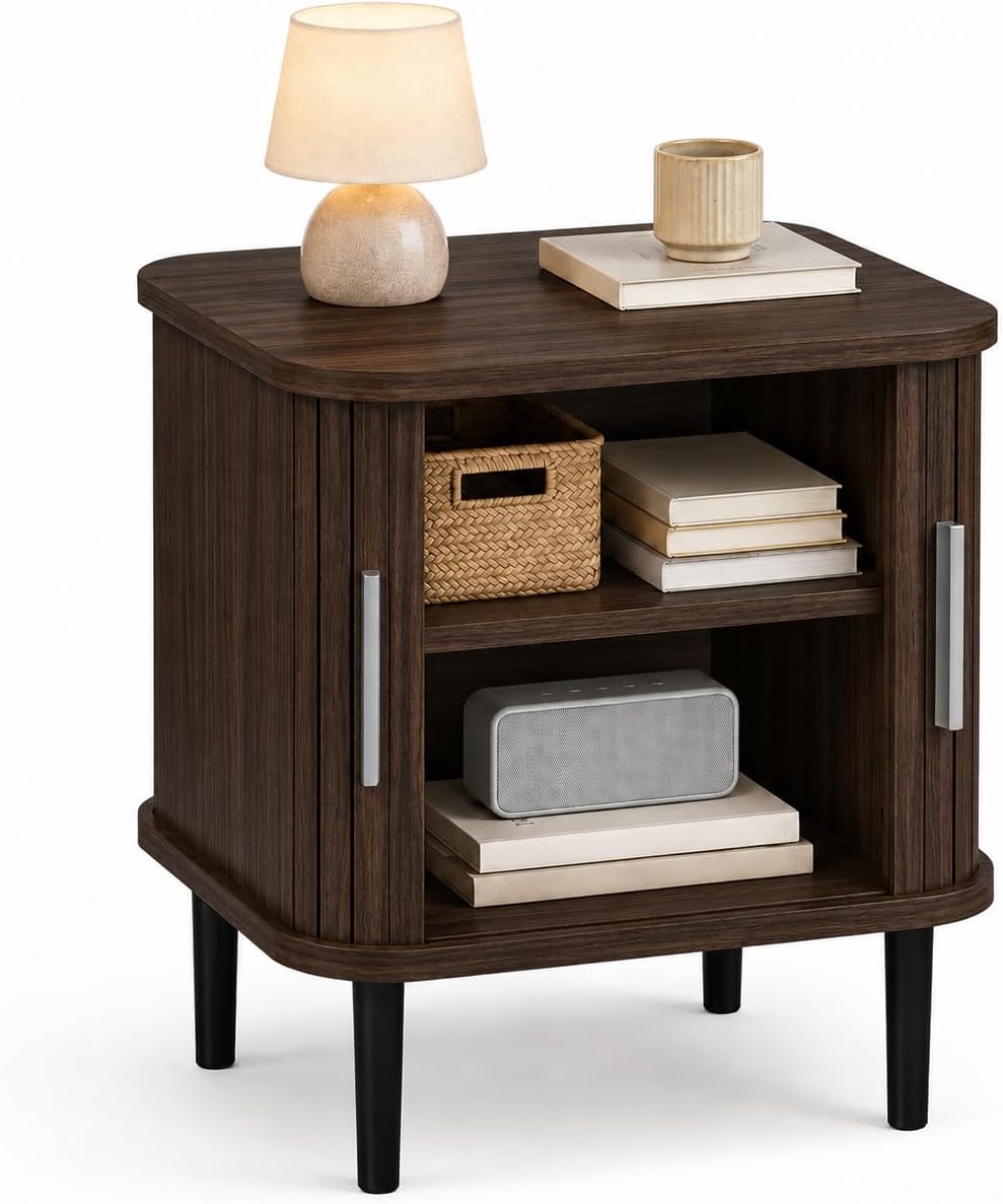 GIANTEX Fluted Nightstand with Sliding Doors &amp; Adjustable Shelf