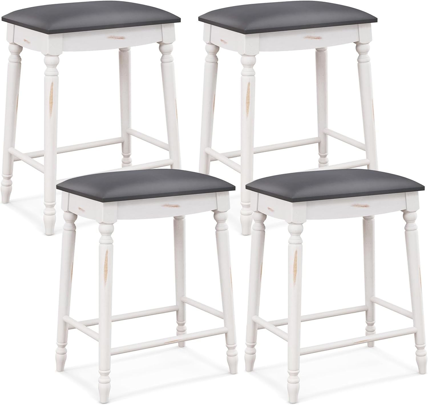Giantex Bar Stools, 29"/24" Bar Height Saddle Stools w/Padded Seat, Rubber Wood Legs, Footrests & Antiqued Surface