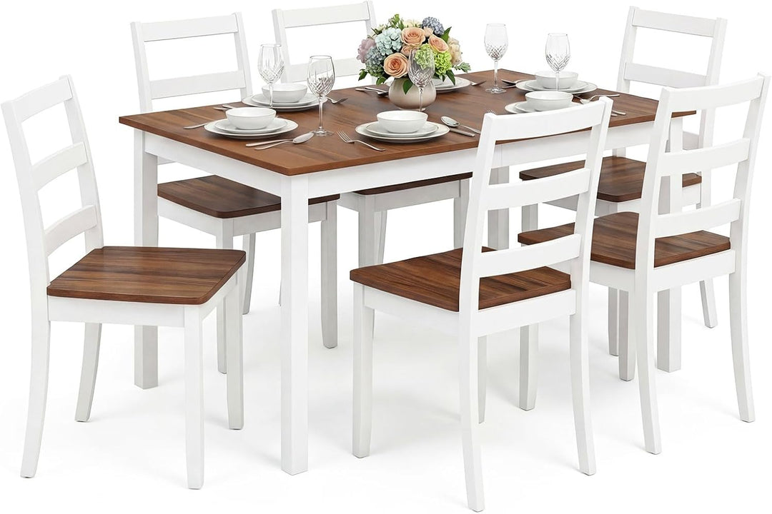 Giantex 7-Piece Dining Table Set | Rectangular 60-inches Kitchen Table and 6 Dining Chairs with Rubber Wood Legs