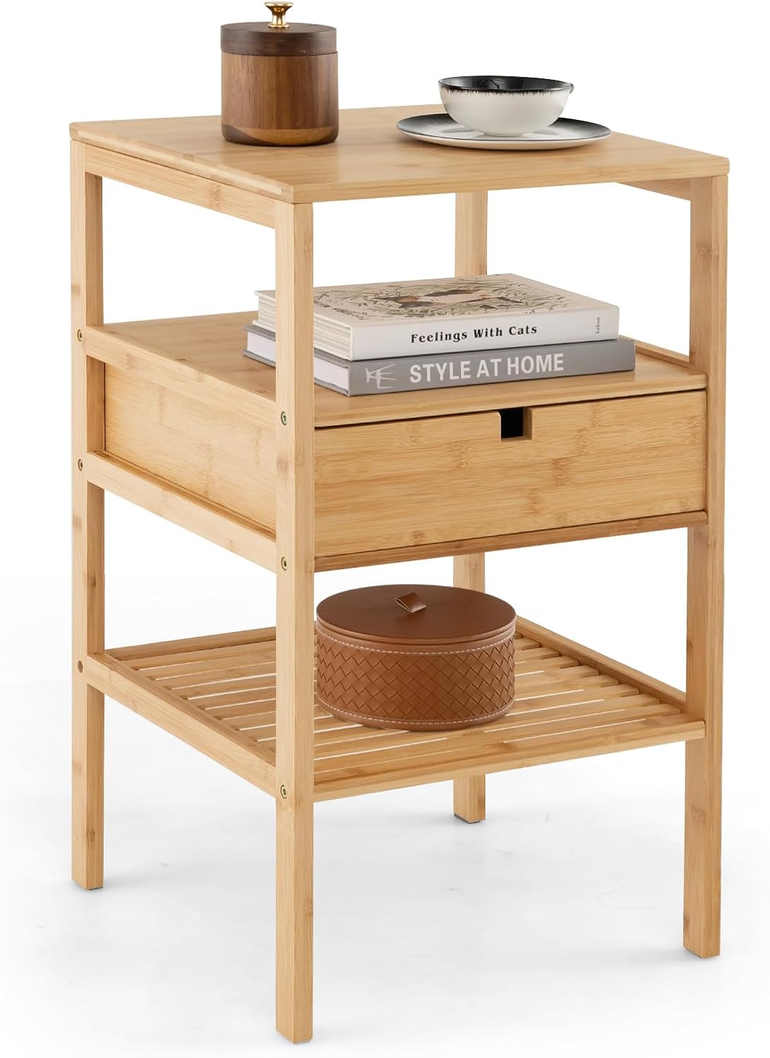 Giantex Nightstand Set of 1/2, Bamboo End Table with Drawer and 2 Open Shelves