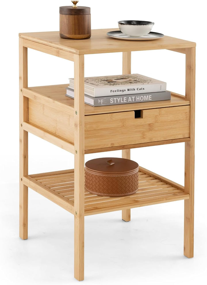 Giantex Nightstand Set of 1/2, Bamboo End Table with Drawer and 2 Open Shelves