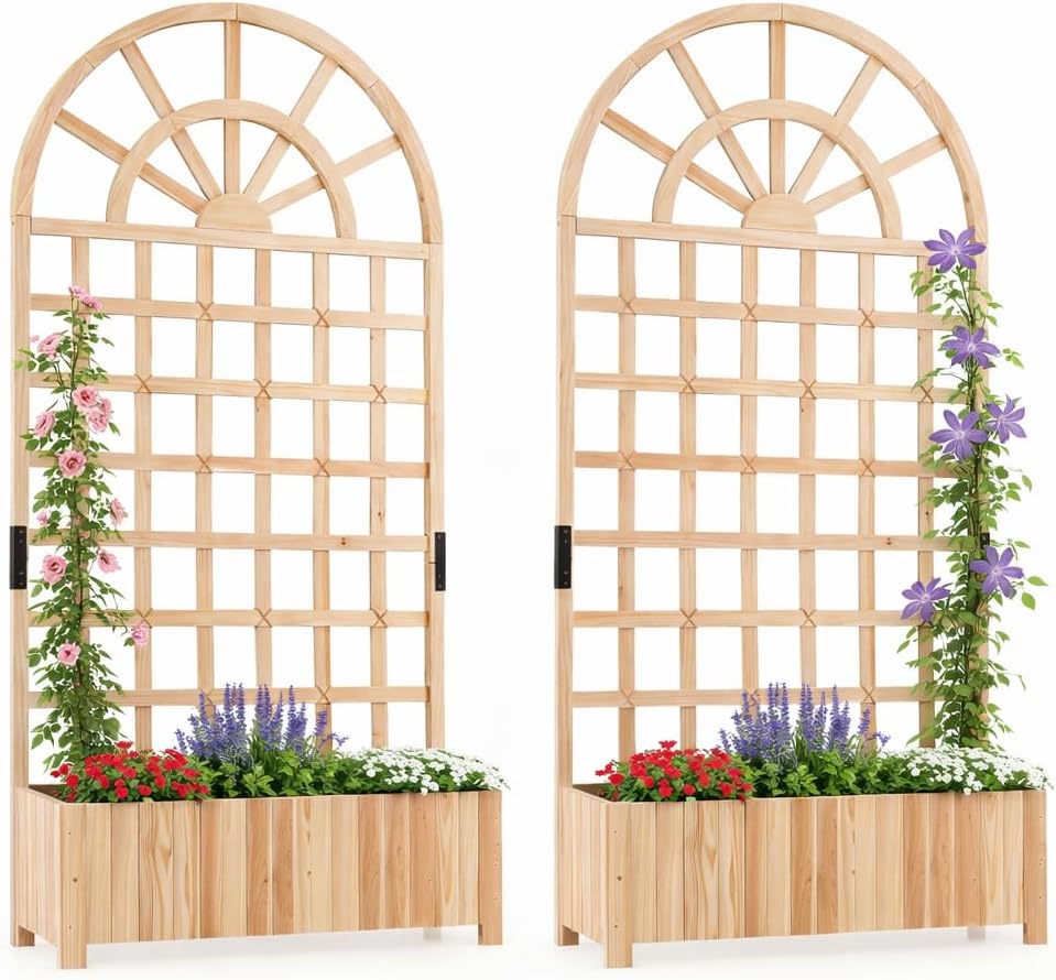 Giantex Wooden Raised Garden Bed with Trellis 71" Outdoor Planter Box Privacy Screen