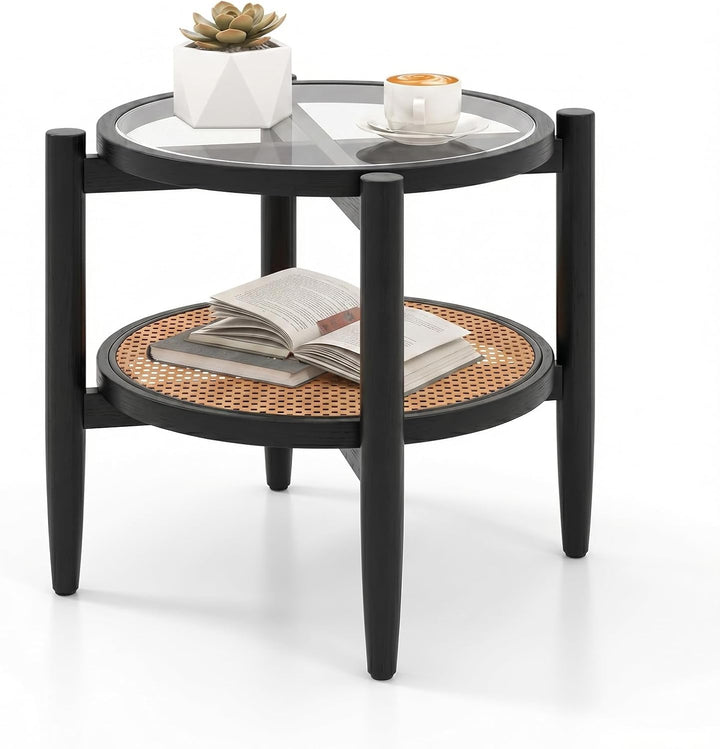 Giantex Rattan Round End Table Walnut Boho Nightstand with Tempered Glass Top and Acacia Wood Legs