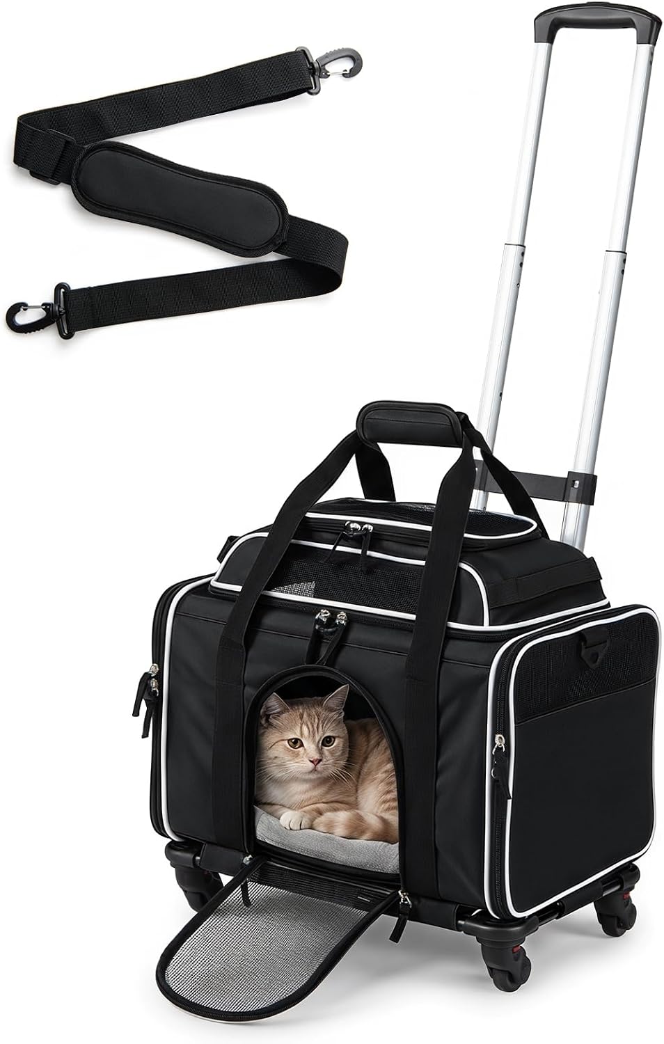 Giantex Top-Expandable Pet Carrier with Wheels for Small Cat &amp; Dog (Black) | Foldable Rolling Pet Bag with Telescopic Handle