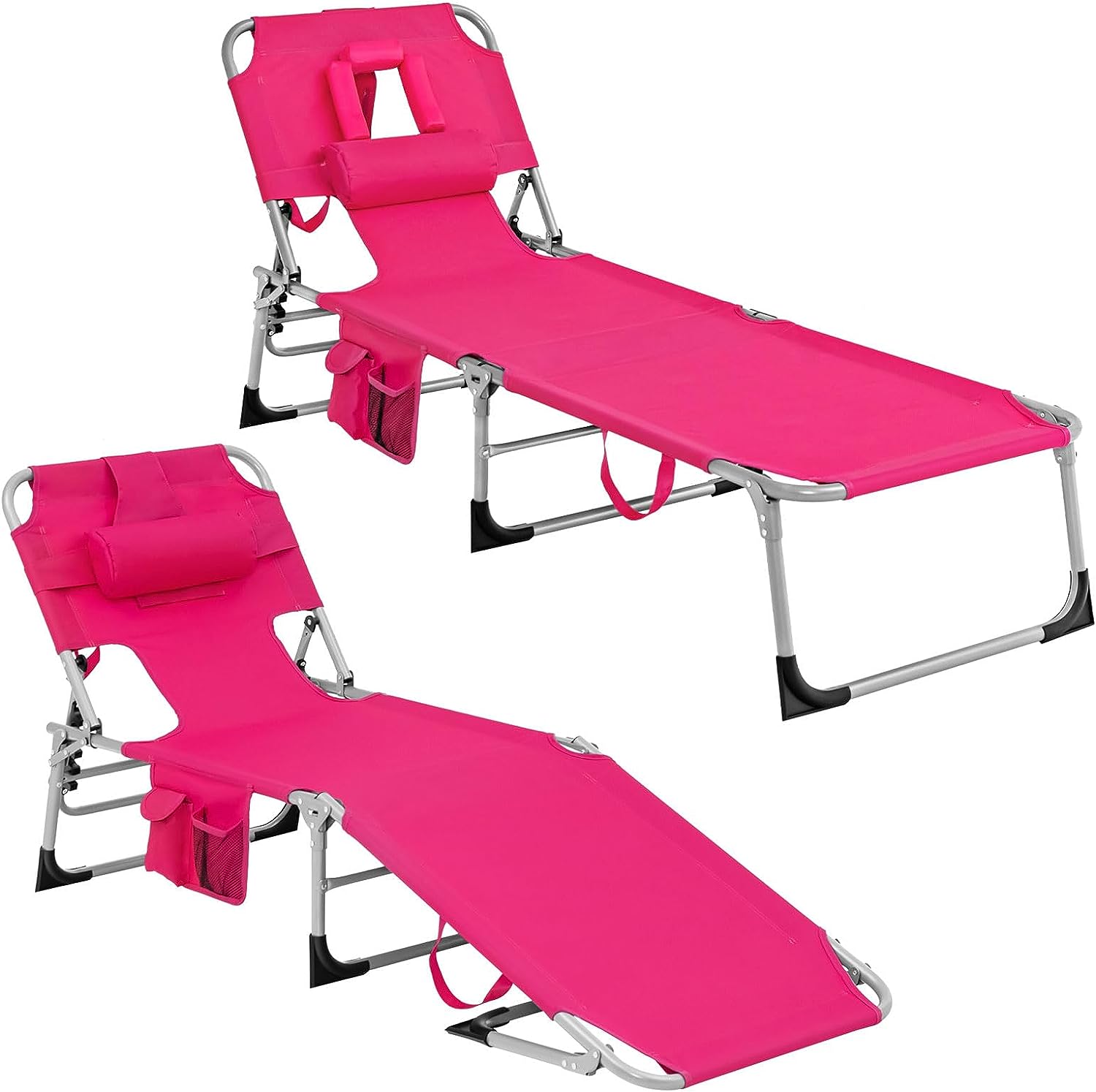 Giantex Tanning Chair Folding Beach Chair w/Face Arm Hole, Washable Pillow, Pocket