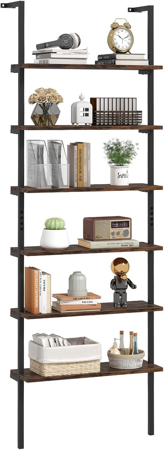 Giantex 6-Tier Ladder Shelf, 72" Wall Mounted Bookshelf with Metal Frame, Industrial Open Storage Shelves