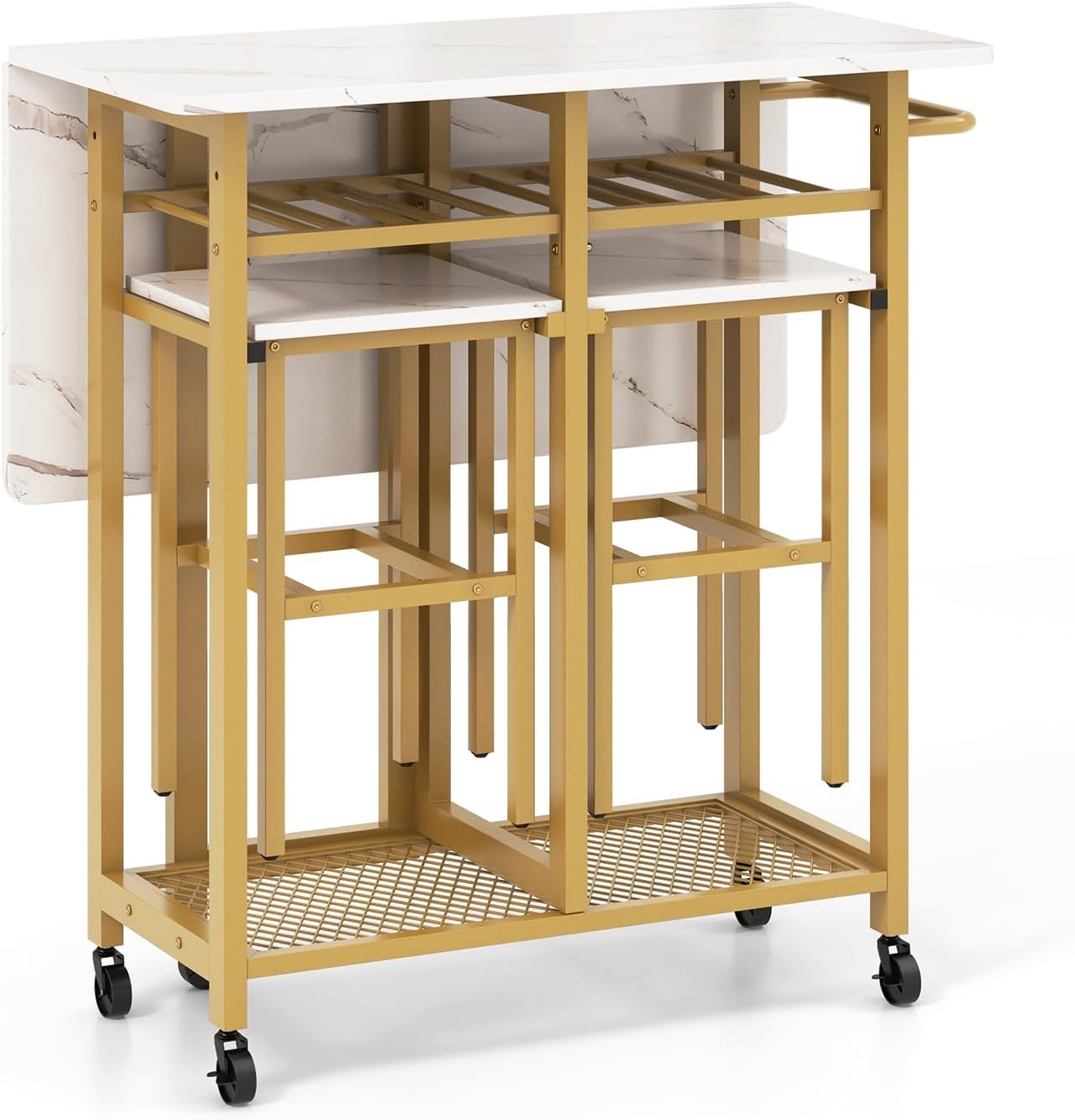 Giantex 3-Piece Foldable Dining Table Set, Extendable Dining Table & 2 Stools Set w/ 6-Bottle Wine Rack