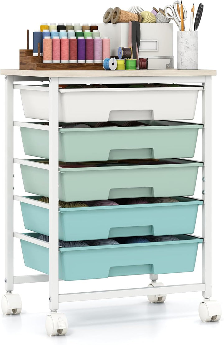 Giantex 5 Drawers Rolling Cart with Wheels, Wood Top, Sturdy Frame