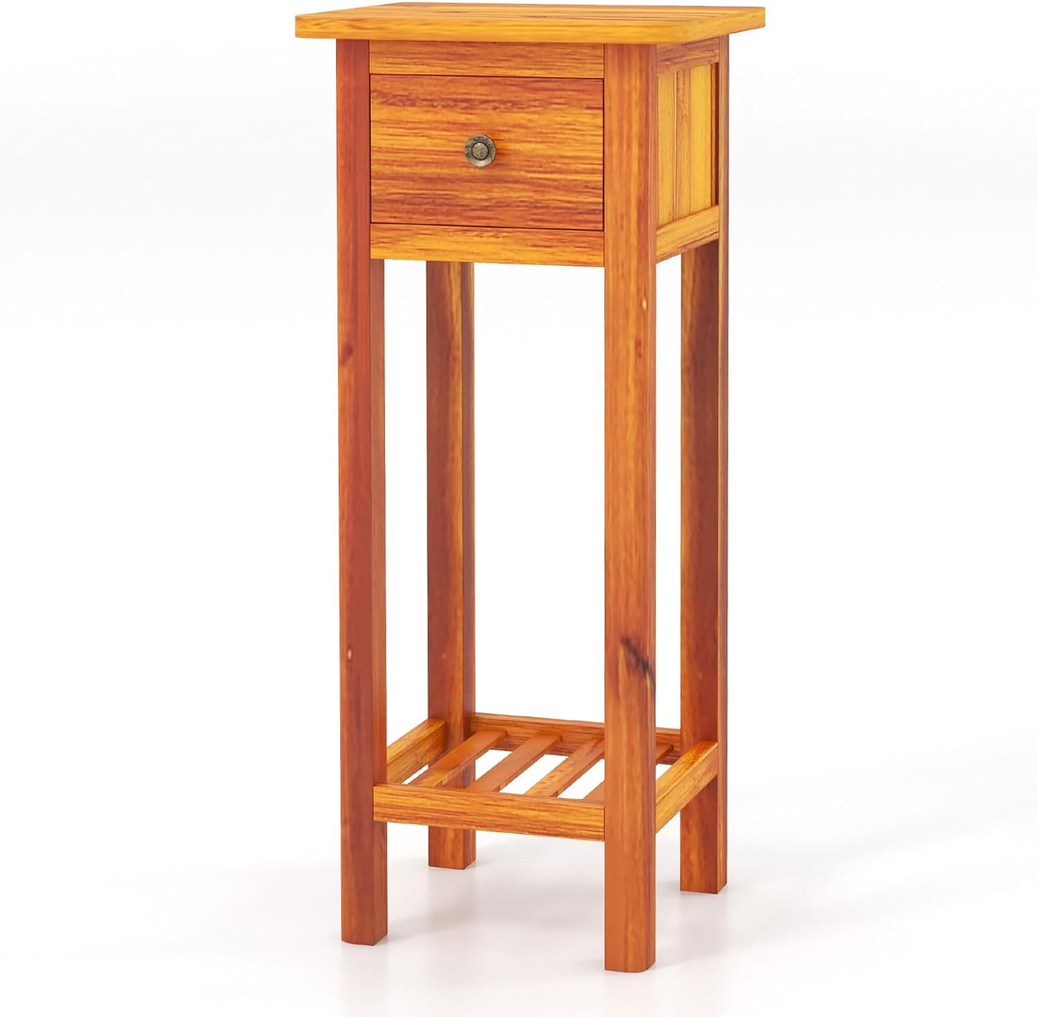 Giantex Narrow End Table with Drawer, Tall Acacia Wood Side Table with Bottom Shelf, Modern Bedside Tables