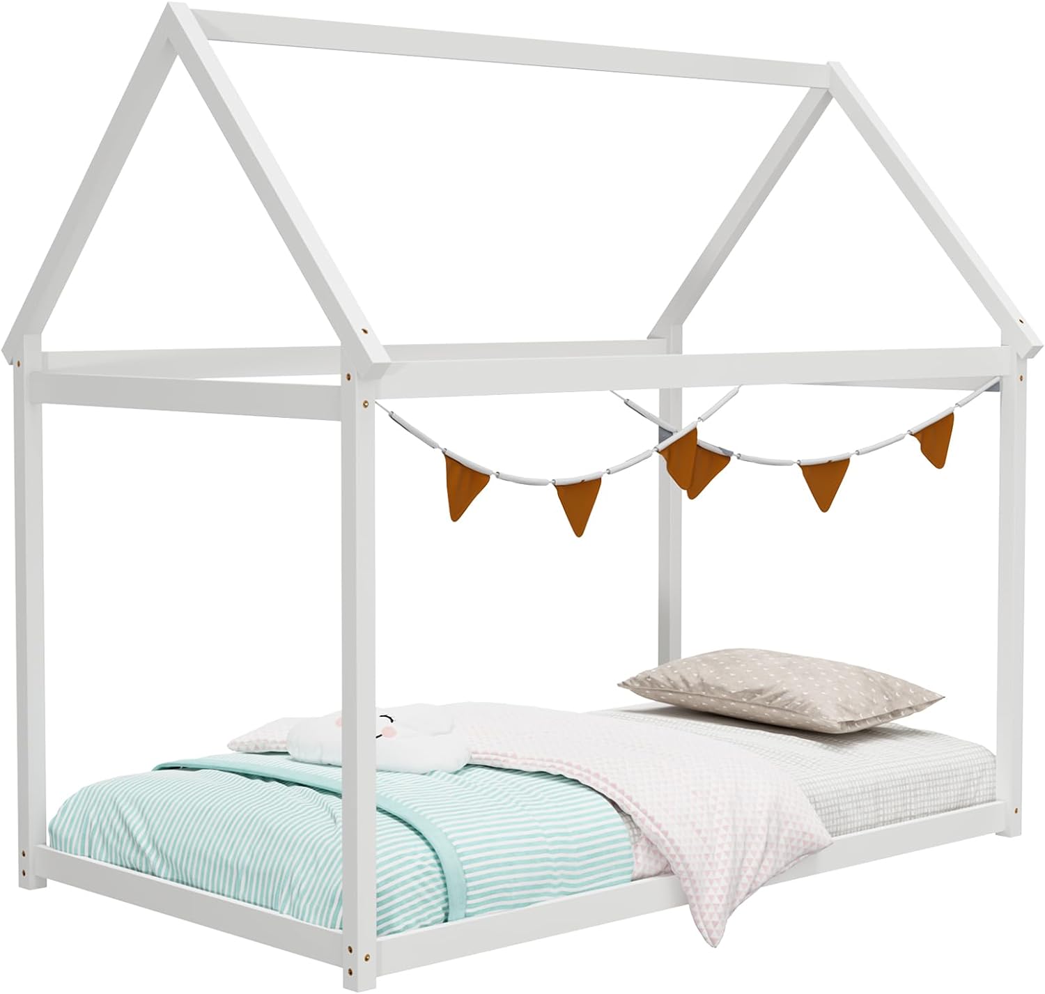 Giantex Twin House Bed, Wood Montessori Bed Frame with House Roof Canopy