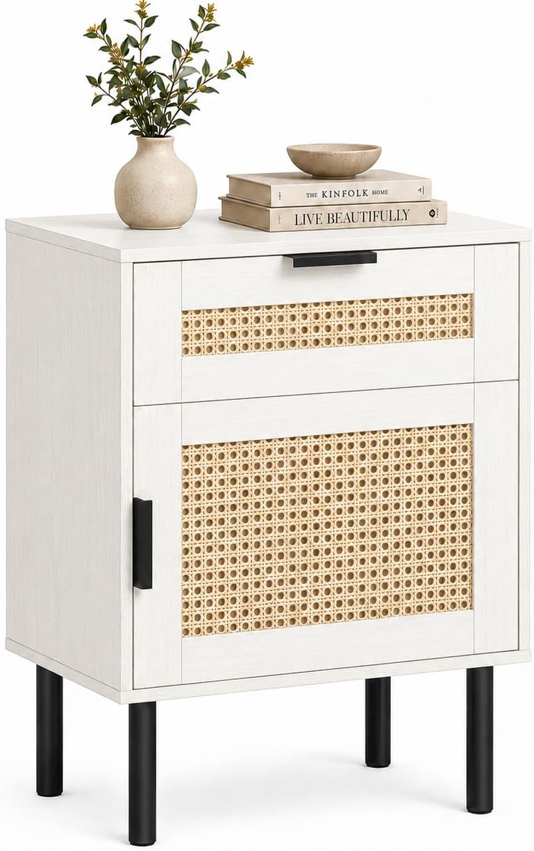 GIANTEX Rattan Nightstand with Drawer &amp; Cabinet, End Table