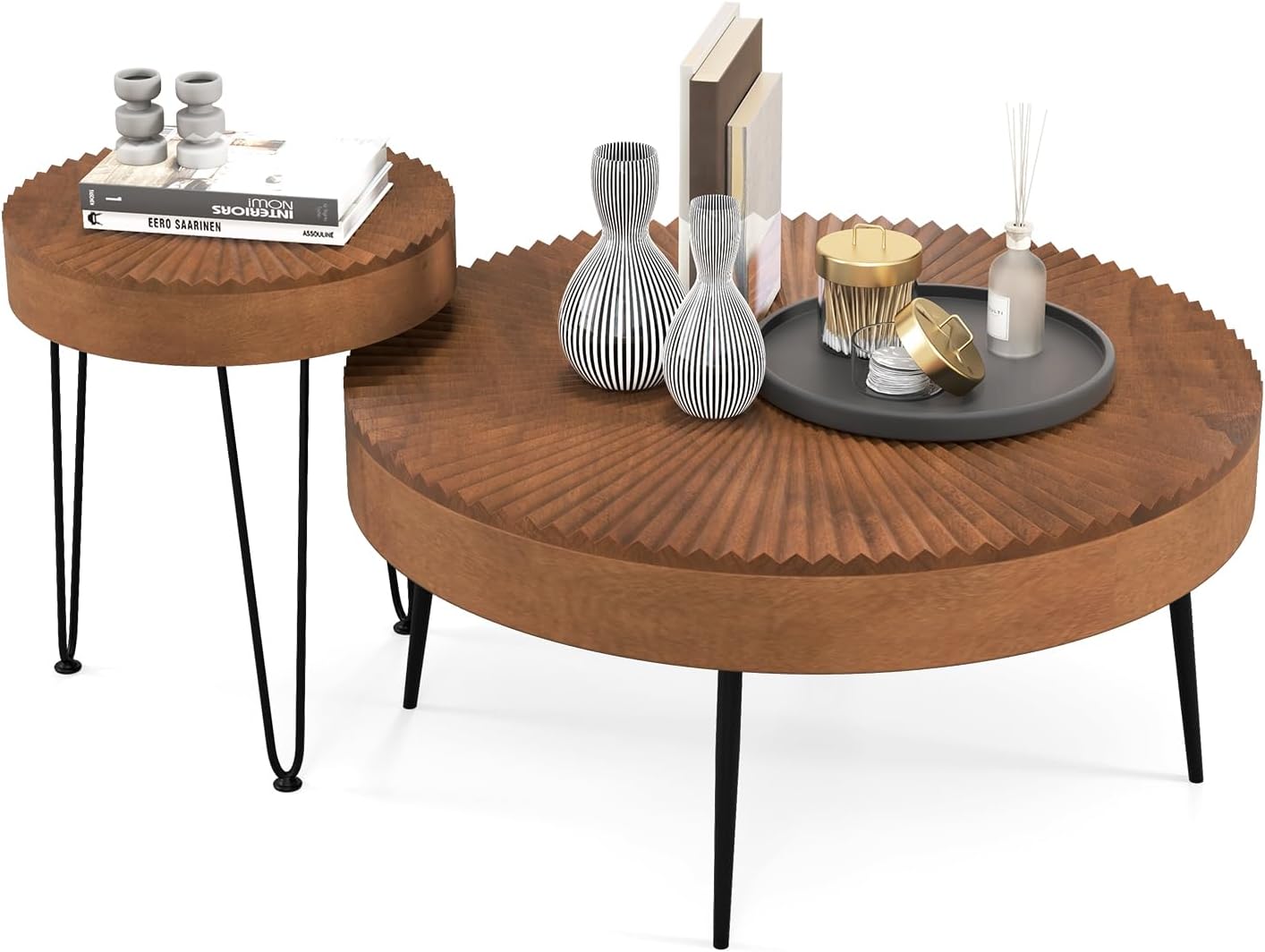 Giantex Round Coffee Table Set of 2 - Sofa Side Nesting Table w/Solid Pine Wood Top