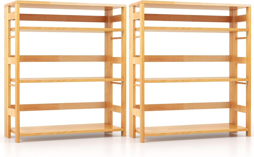 Giantex 4-Tier Bookshelf, 34.5" Floor Storage Shelf w/Rubber Wood Frame, Anti-Toppling Kits, Side Fences